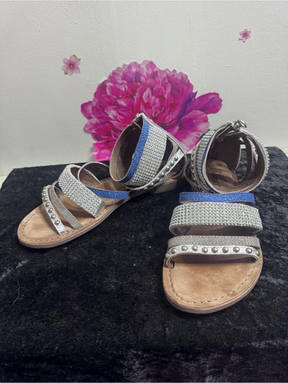 Azura Rhinestone & Stud Strappy Sandals in Silver and Blue